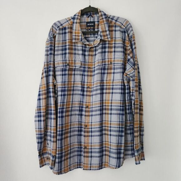 prAna gray brown plaid long sleeve button front shirt‎ mens size XXL - Picture 1 of 6